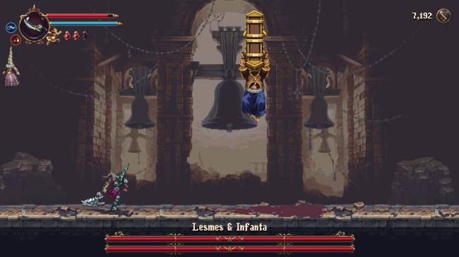 Lesmes and Infanta awakening for the final phase of the encounter against the Penitent One in Blasphemous 2