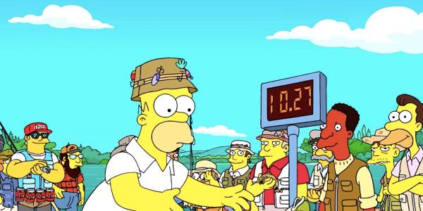 Homer weighs a fish surrounded by Duffman, Chalmers, Lenny, Carl, and other anglers in The Simpsons season 35 episode 10