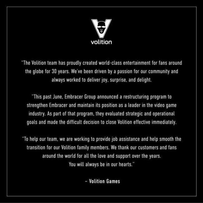 Volition Games shutdown statement.