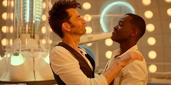 The Fourteenth and Fifteenth Doctor are looking at each other in the Tardis in Doctor Who. 