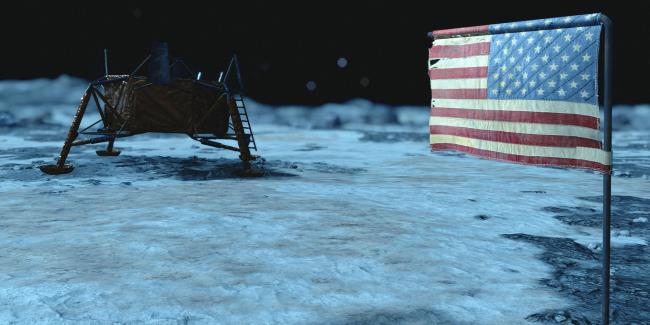 Starfield Lunar Landing site where the American flag and remains of the Apollo 11 Eagle have been left