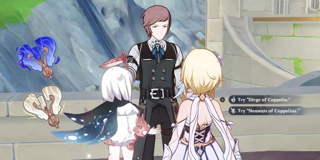 Lumine-(female-traveler)-talking-to-Maillardet,-a-Fontaine-NPC-in-Genshin-Impact