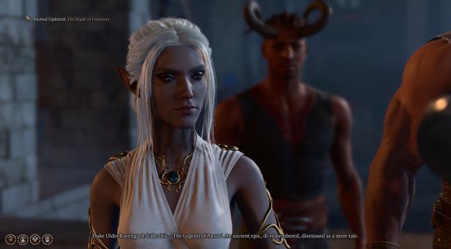 Drow Cleric In White Dress Receives Legend Of Ansur Book From Duke Ravengard In Camp In Baldur's Gate 3