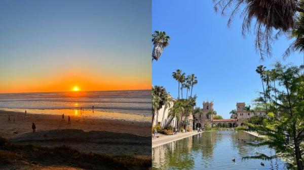 From left: A cocktail at The Desmond, the Kimpton Alma Hotel lobby, and grounds at Estancia La Jolla.