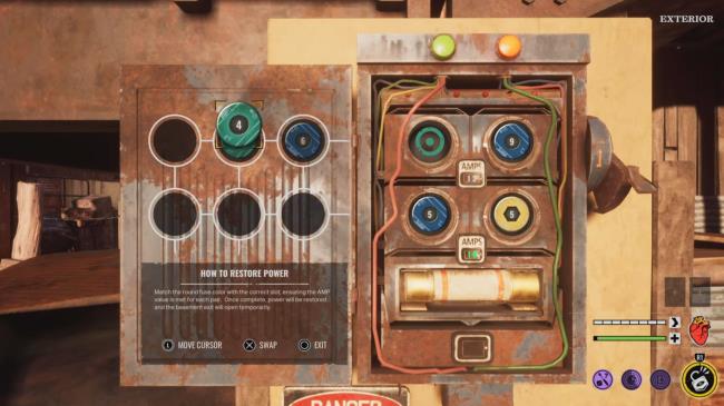 A fuse box opened up shows different colored fuses with different voltages that can be used to complete the puzzle.