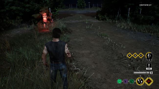 Johnny looks at an open driveway out to the main road, a red light shows the electric barrier is off.