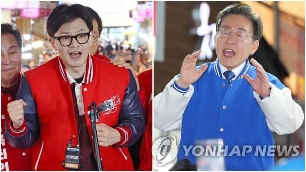 This compilation image shows People Power Party leader Han Dong-hoon (L) and Democratic Party leader Lee Jae-myung on the campaign trail. (Yonhap)