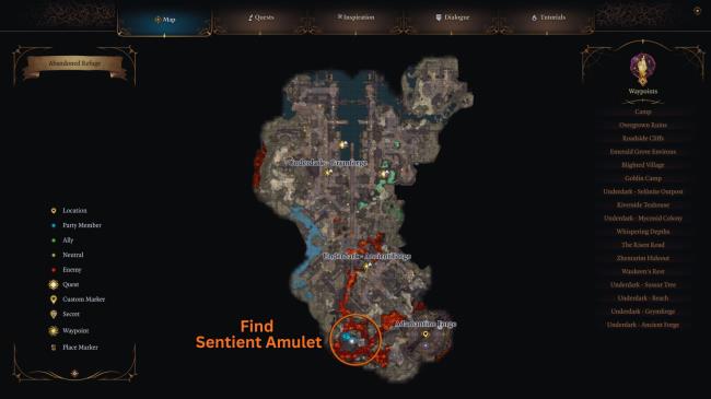 Baldur's Gate 3 - Map of Grymforge area. Location of Sentient Amulet is circled
