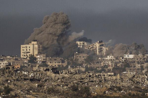 Smoke rises following an Israeli bombardment in the Gaza Strip, as seen from southern Israel. Picture: AP Photo/Leo Correa