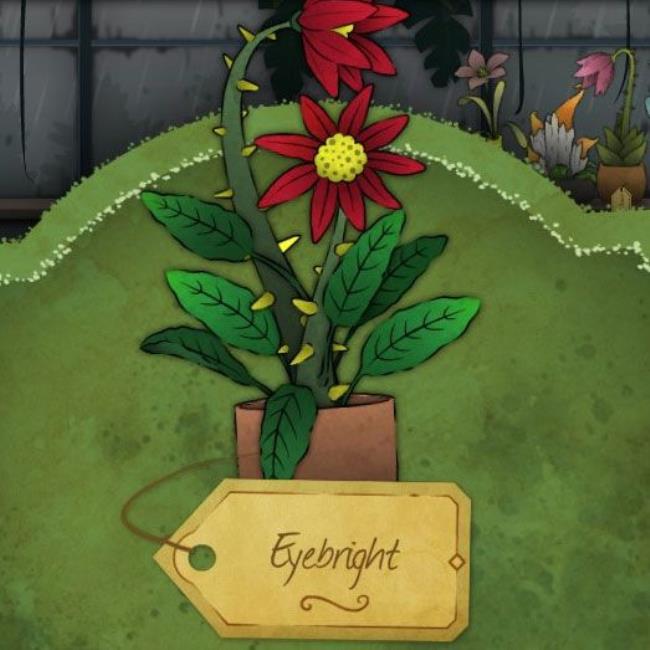 A red flower with sharply angled petals and a bright yellow pistil that looks like a lot of small spheres in a cluster. It has big yellow thorns. It is called Eyebright in Strange Horticulture.
