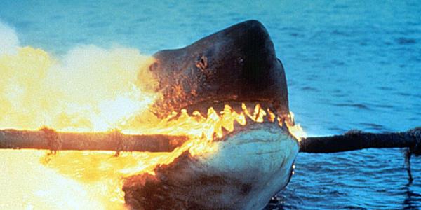The shark burning with a branch in its mouth in Jaws 2
