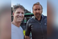 Earlier this week the 59-year-old was seen running along the beach on set spattered with blood and grime as he held a wooden sign as a weapon in a scene where he fights a surfer.