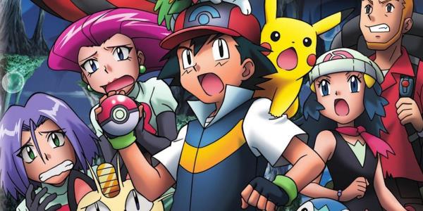 A Pokemon Movie poster featuring Ash, Team Rocket, and Dawn.