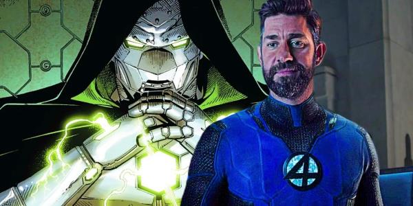 Custom image of Doctor Doom from the comics and John Krasinski's Reed Richards smirking.