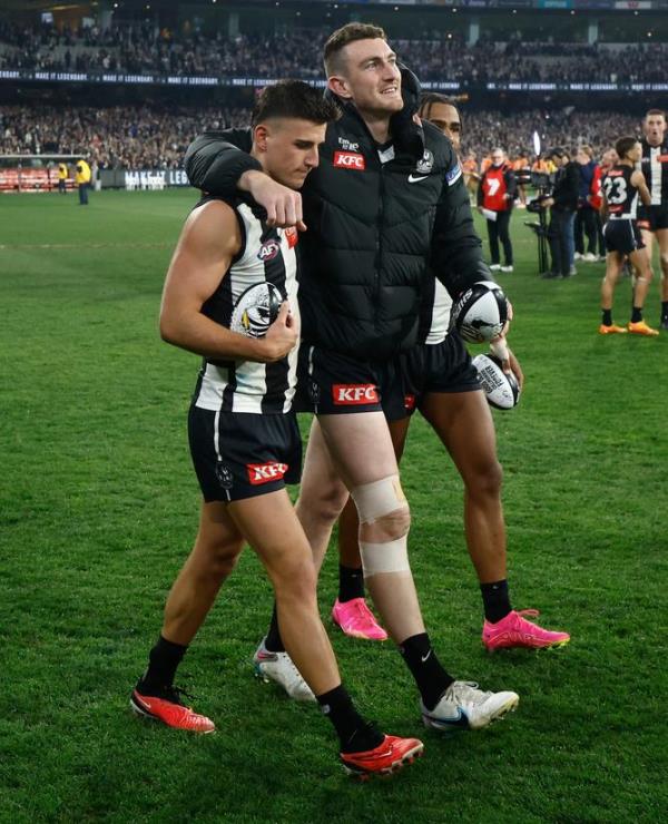 MELBOURNE, AUSTRALIA - SEPTEMBER 22: Nick Daicos of the Magpies (left) and Daniel McStay of the Magpies celebrate during the 2023 AFL First Preliminary Final match between the Collingwood Magpies and the GWS GIANTS at Melbourne Cricket Ground on September 22, 2023 in Melbourne, Australia. (Photo by Michael Willson/AFL Photos)