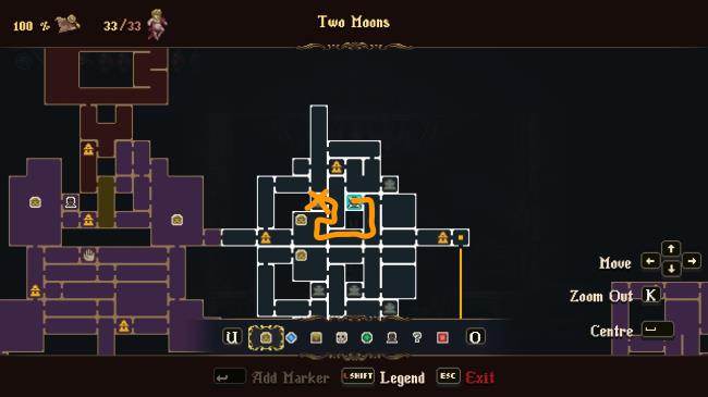 A diagram of the pathway you need to take to reach the proper Fountain when attempting to obtain the fourth Fervent Kiss in the Two Moons Dungeon in Blasphemous 2. The Blue Square represents the starting point, with the Orange X representing your goal!