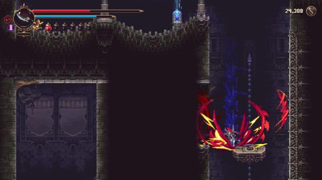 The Penitent One performing a Downward Slam with their Ruego Al Alba to break open a wall for the fourth Fervent Kiss in Blasphemous 2
