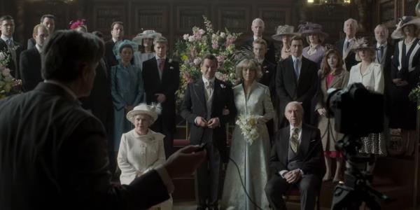 The Crown cast takes an official photo at Prince Charles and Camilla's wedding in season 6 episode 10