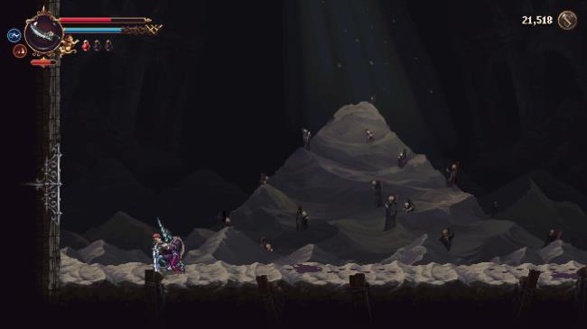 The Penitent One kneeling after defeating Great Preceptor Radames in Blasphemous 2