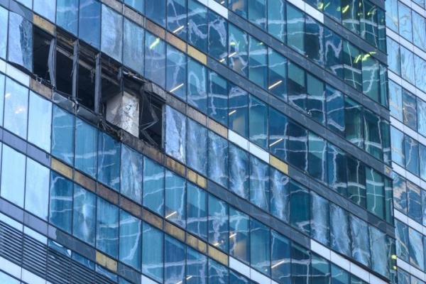 A view of the damaged building is seen in the 