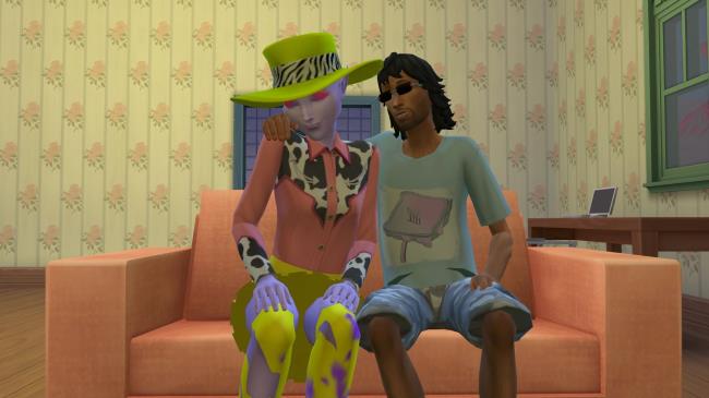 A Sims 4 Sim using the giant microscope while wearing the top-of-career science outfit.