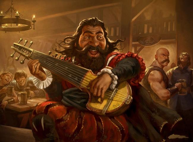 A dwarf playing a musical instrument, while tavern goers look in anger