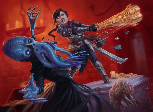 A character clubbing a mindflayer with an improvised weapon