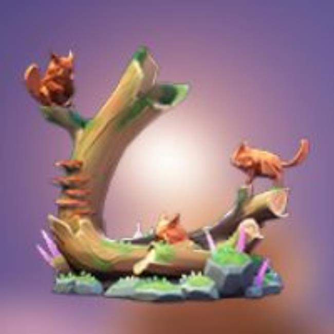 A decor item depicting three Chapaa creatures climbing on a forest log.