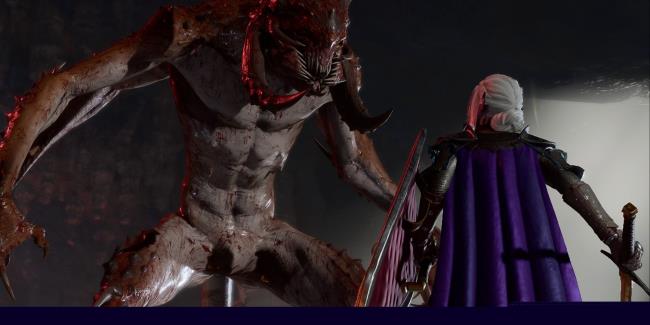 Player Drow Cleric Epically Brandishes Sword And Shield Facing Orin The Red Bhaalspawn Form