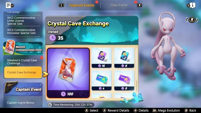 Mewtwo Y floats next to the Crystal Cave Challenge Shop in Pokemon Unite.