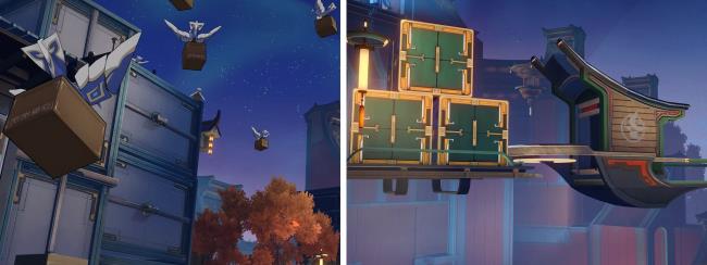 cutscenes of Aurum Alley's Hustle and Bustle event mechanics (inventory arrangement left, logistics planning right)