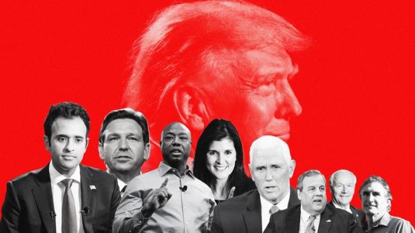 The eight candidates for the Republican presidential nomination who will be on the debate stage are, from left, Vivek Ramaswamy, Ron DeSantis, Tim Scott, Nikki Haley, Mike Pence, Chris Christie, Asa Hutchinson and Doug Burgum.