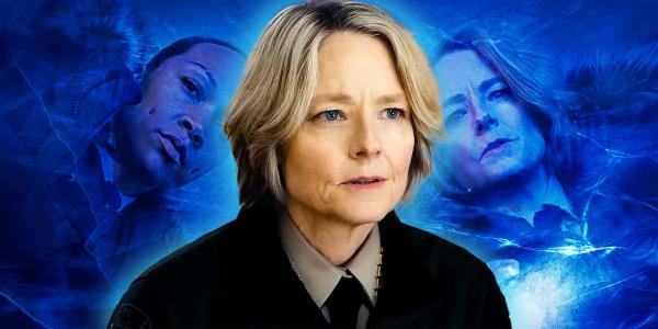 Kali Reis and Jodie Foster in Night Country's poster in the background with Foster's Liz Danvers in the the center