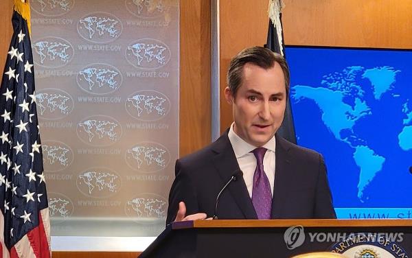 This photo, taken on Feb. 27, 2024, shows State Department spokesperson Matthew Miller speaking during a press briefing at the department in Washington. (Yonhap)
