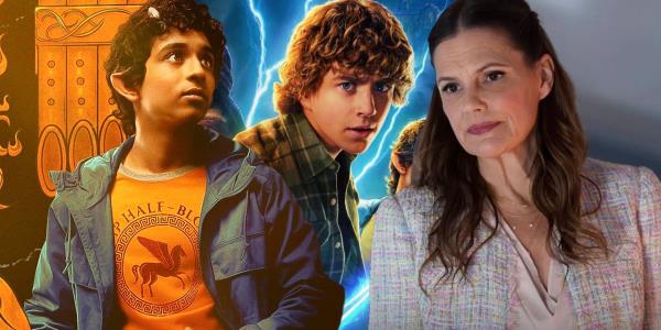 Percy Jackson holding the master bolt in the show's poster between Grover and Echidna