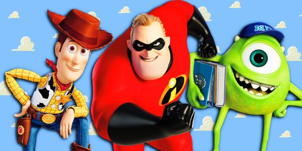 Pixar characters Woody, Mr Incredible and Mike Wazowski posing forward in front of Toy Story cloud wallpaper
