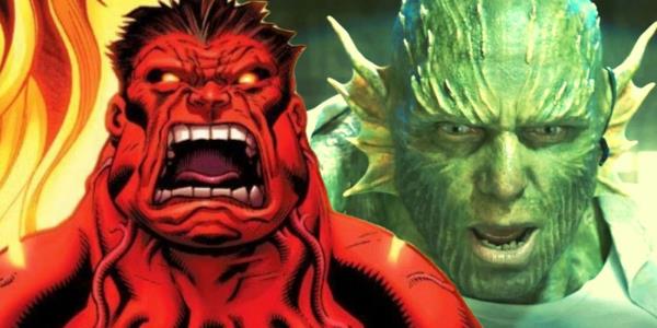 Split Image of Red Hulk (Marvel Comics) screaming in flames; Abomination (Tim Roth) with a shocked look on his face
