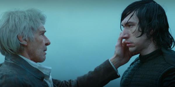 Han Solo reaching out and touching Kylo Ren's face in Star Wars: The Rise of Skywalker