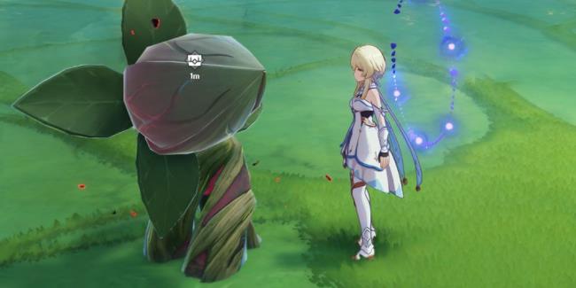 Lumine standing next to a Ley Line Blossom in Genshin Impact.
