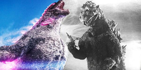 Godzilla from Godzilla x Kong glowing pink and roaring next to Godzilla from 1954 picking up an airplane.